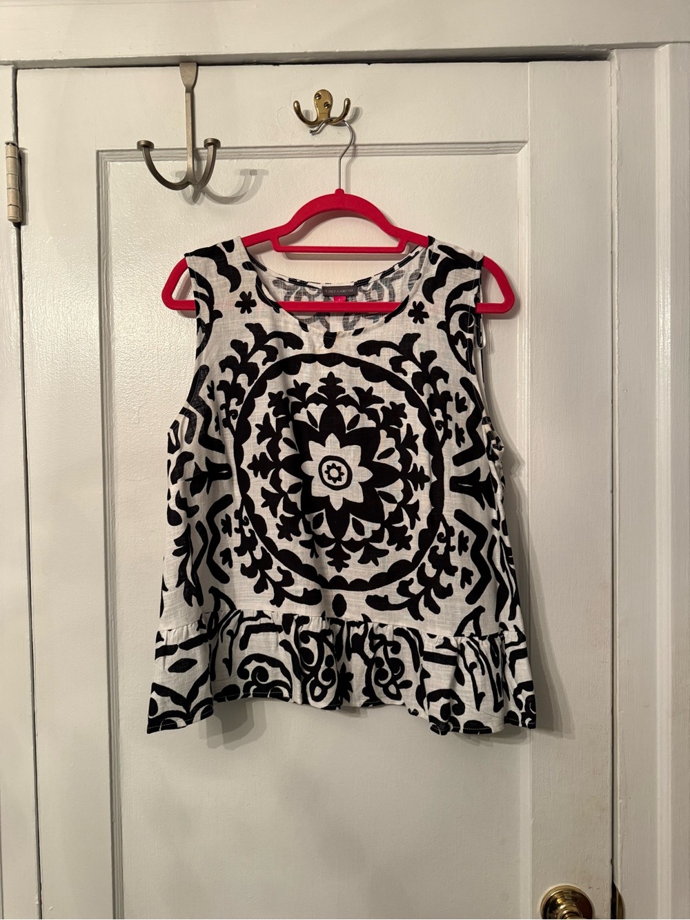 Vince Camuto Black and White Medallion Sleeveless Peplum Tank